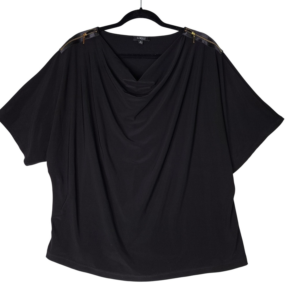 Elementz Woman Top Womens 2X Black Cowl‎ Neck Gold Zipper Shoulder Detail Chic
